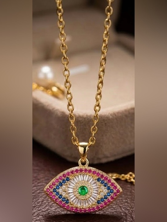 Adina Eden Jewelry - Adina Eden Gold-Plated Evil Eye Pendant Necklace W/Pink, Blue & Green CZ Stones